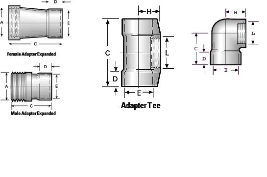 Standard Adapters, Male, Female Expanded, Elbow, Tees